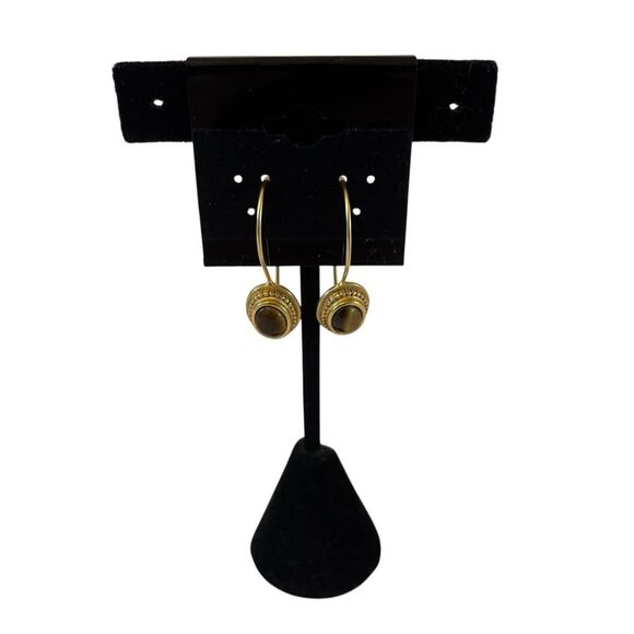 Elegant Vintage Stamped Antiqued Gold Tone Tigers Eye Drop Earrings. - Picture 2 of 7